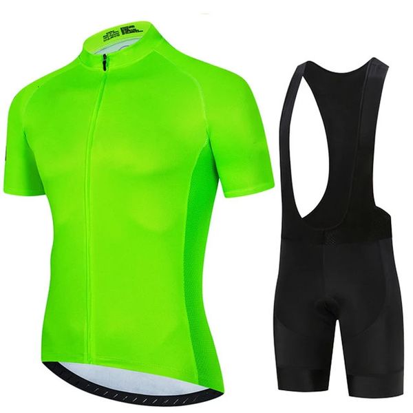 Men de cor de cor sólida verde fluorescente Men de manga curta Jersey de ciclismo Suits MTB Racing Bike Roupos de verão Roupas de bicicleta 240506