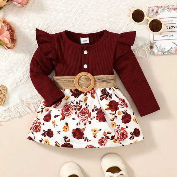 Vestidos mababy 3m3y recém -nascido infantil criança vestido bebê vestido de outono impressão de flores de retalhos de retalhos de manga longa com manga longa + cinto d05