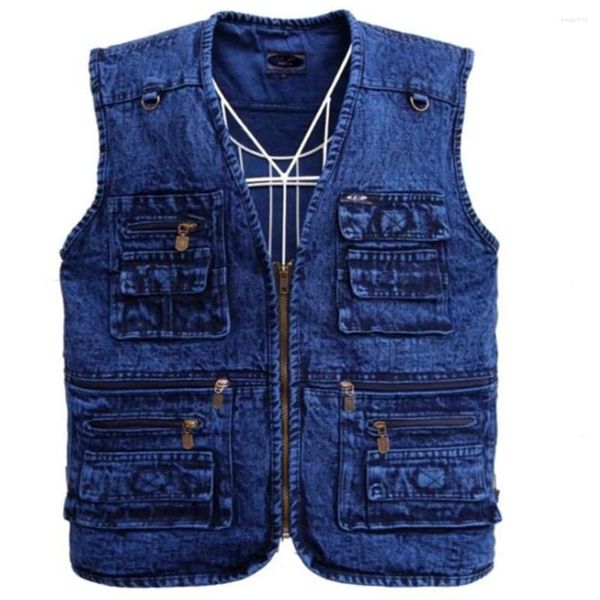 Herrenweste Weste Oberbekleidung Denim Weste Deep Blue ärmellose Jacke Multi-Techet-Baumwoll-Frühling Gilet Jacken