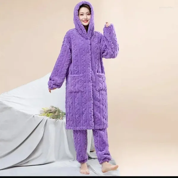 Moda de sono feminina 2024 Senhoras de inverno quente mais veludo traje com capuz acolchoado homens pijamas usam flanela residencial casual longa