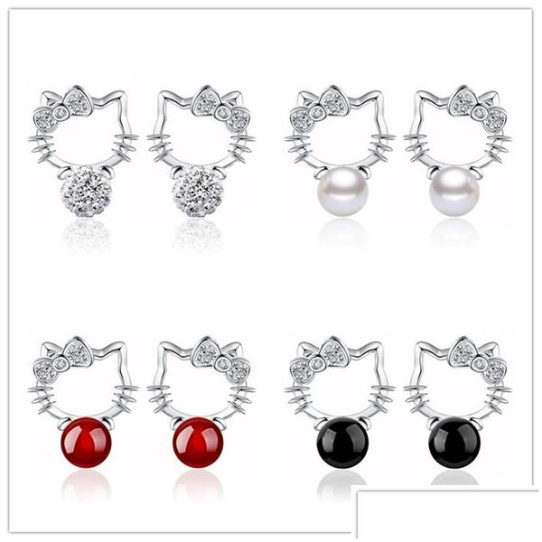 Stud niedes Kitty -Katzendesigner Ohrringe für Frauen Luxus Ball Perle Red Achat Diamant Schöne Katzen Design Ohrring S925 Sier plattiert numbe dhszh