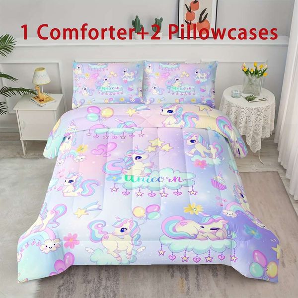 Copertura del piumone 3 pezzi set unicorno, set di arcobaleno nuvoloso di palloncini per adolescenti decorazioni per adulti, set star fiore stampato, biancheria da letto rosa blu viola per tutta la stagione, morbido e