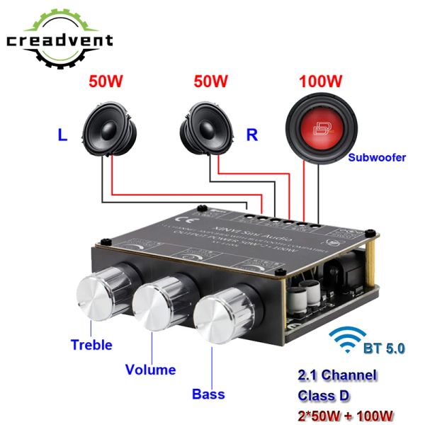 Amplificatore 2.1 CH 2*50W+100W Power Subwoofer Bluetooth Bluetooth Amplificier Board Classe D Home Theater Audio Equalizer Stereo Equalizer AP AMP AUX