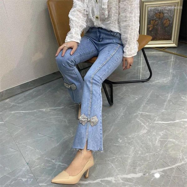 Kadın Kotları Kadın Yüksek Bel Flare Pantolon İnce Fit Esnek Vintage Kore Moda Harajuku Ins Street Denim Split Geniş Bacak Pantolon
