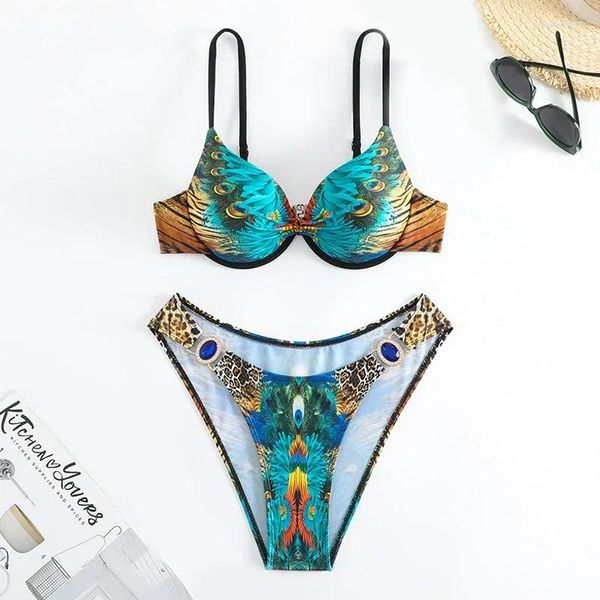 Costume da bagno femminile stampato di pavone verdi in bikini a 2 pezzi per donne 2024 Sumpi estate di costume da bagno a bassa vita a vita bassa.