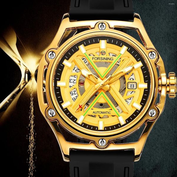 Armbanduhr Luxus Golden Hülle Skelett automatisch Selbstwind Männer Mechanische Uhr Luminöser Skala Schwarz Silikongurt Sport Armbanduhr