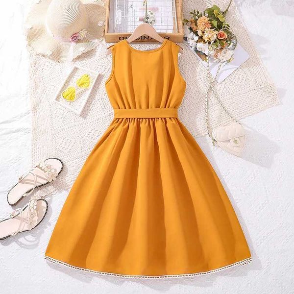 Mädchenkleider Kinder Casual Kleid für Mädchen Kleidung Sommer Neue Kinder Mode gelbe Rüschen ärmellose A-Line Elegante Prinzessin Kleid 7-14y