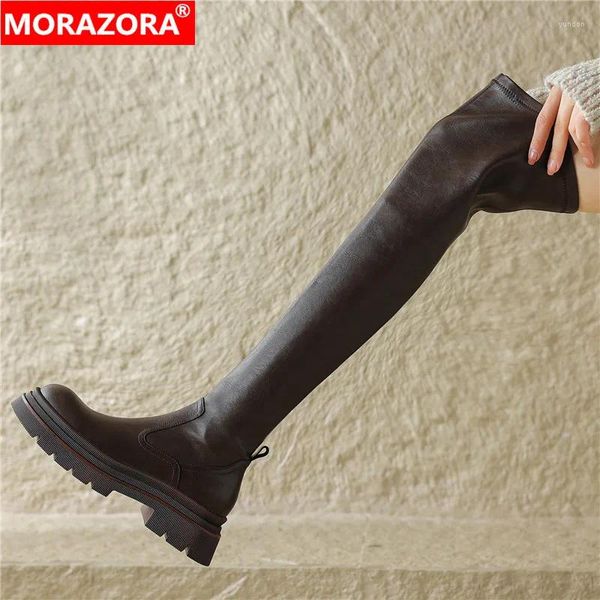 Stiefel Morazora 2024 Echte Lederplattform Winter für Frauen Square Med Heels Mode Reißverschluss über dem Knie