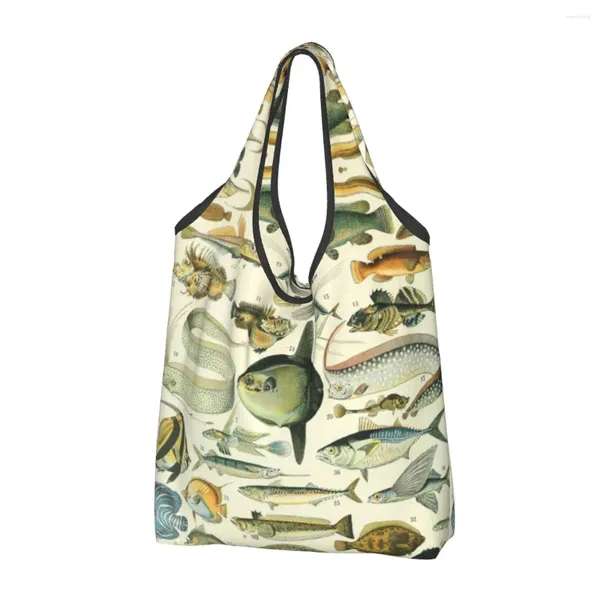 Depolama Çantaları Özel Vintage Adolphe Millot Poissons Alışveriş Taşınabilir yiyecekler kitap ansiklopedisi Fransız ressam Tote Shopper