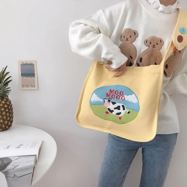 Bolsa fofa vaca padrões de lona bolsas de tela simples de grande capacidade para mulheres bolsas de mensagens de ombro de estudantes meninas escolar