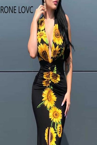 Mulheres Deep em V Prind Print Slit Maxi Dress Maxi Dress Vestido elegante de moda chic Y07062883369