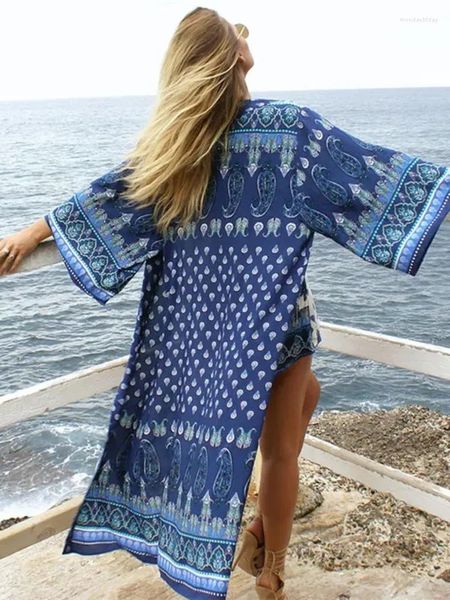 Abiti casual 2024 Blu Bohémien stampata a maniche lunghe Kimono Cardigan Abito Plus Destate da spiaggia Donne Summer Wear Maxi Q1028