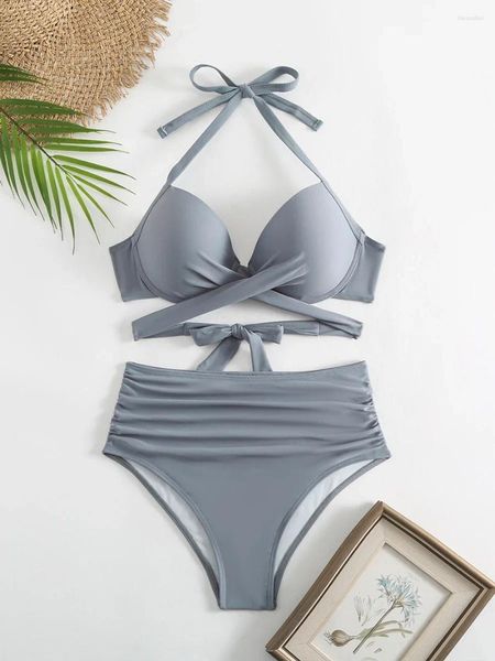 Женские купальные костюмы 2024 толкать Halter Grey Bikini Bikini High The Swimsuit Женщины женские купальщики купание купание плавание пляжная одежда пляжа