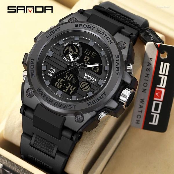 Armbanduhr Sanda Trendy Men Multifunktional dual Display Uhr HD LED Digital 50m wasserdichte Militär Uhren Wecker Timing Reloj