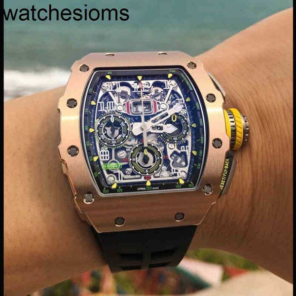 Data Guarda Richamill RMS11 Mens Luxury Watch Skeleton Scheletro automatico MECCANICO Giallo in gomma Nera Giallo Orologio da polso in oro rosa