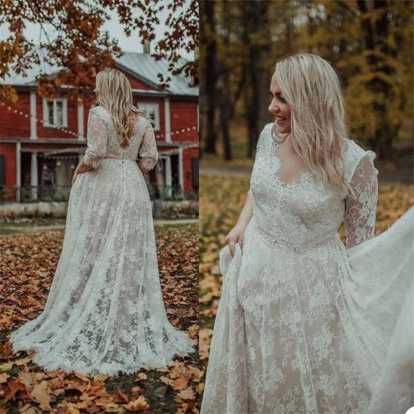 Abiti da sposa in pizzo country abito da sposa splendido 3/4 maniche lunghe 2021 V CORCHE SCUPATO CRIDULI CRIDULI CRIDULI CRIDERALI PERLA CHIUSTURA VEStitido de novi Estido