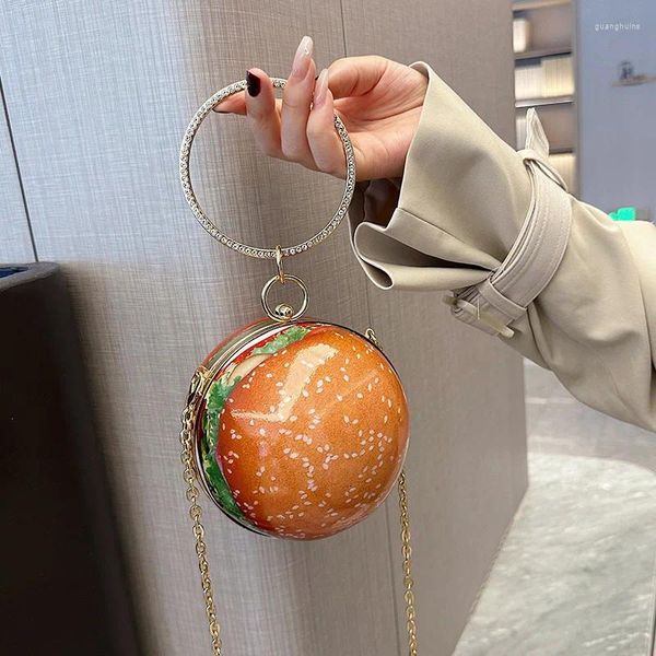 Kordelstring Trendy Round Hamburger Persönlichkeit Abschlussabend für Frauen 2024 Fashion Metal Chain Umhängetasche Party Clutches Handtasche Handtasche