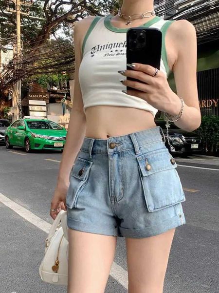 Shorts femininos shorts de bolso de bolso azul retro da mulher primavera/verão de cintura alta lazer casual roupas de jeans shorts simples tendência wx