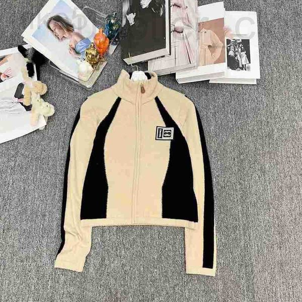 Malhas femininas tees designer xiaoxiangfeng 2023 nova imitação de mink bloco colorido letra de couro stand up colar zíper de manga longa suéter de cardigã para mulheres k8uq mw5z