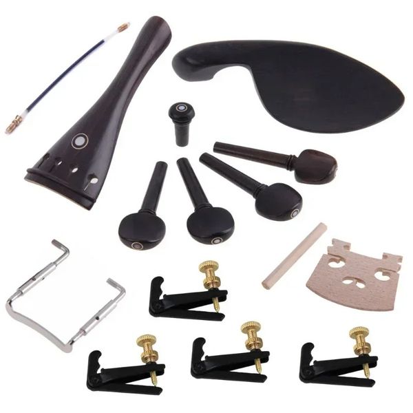 4/4 Ferramentas de ajuste de violino Conjunto, quadro de cordas Violino Pegs Tail unha ombro descanso Ebony Musical Instrument Acessórios Kit