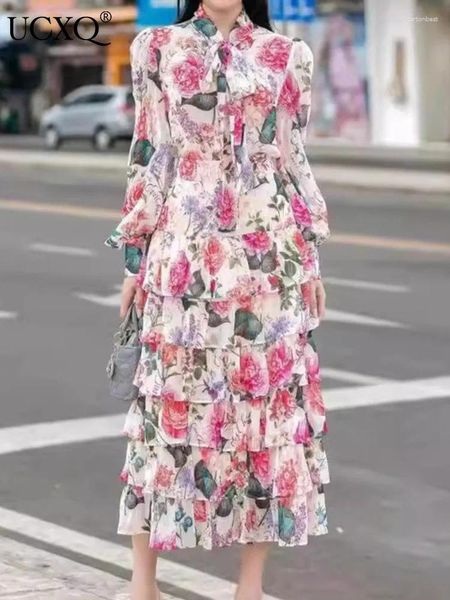 İş Elbiseleri UCXQ Zarif Baskılı Çat Tavası Uzun Kollu Gömlek Fırıltılı Kenar Kek Etek Moda İki Parçalı Set Kadınlar 2024 İlkbahar Yaz A8321