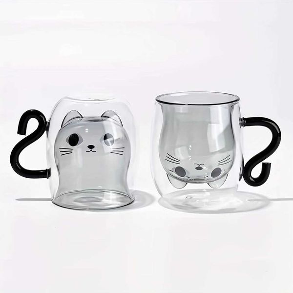 Tumblers 1pc gato de gato caneca caneca resistente ao calor Copas de café expresso de parede dupla Kawaii Kitten Water de inverno de inverno Drinkware H240506