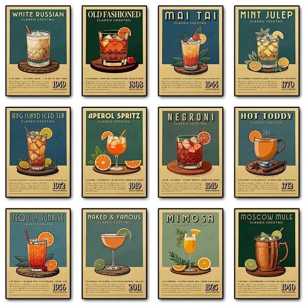Cocktail -Leinwand Malerei Getränke Whisky -Säure Aperol Spritz Mojito Vintage Cocktail Poster Druckbar Club Wandkunst Dekoration J240505