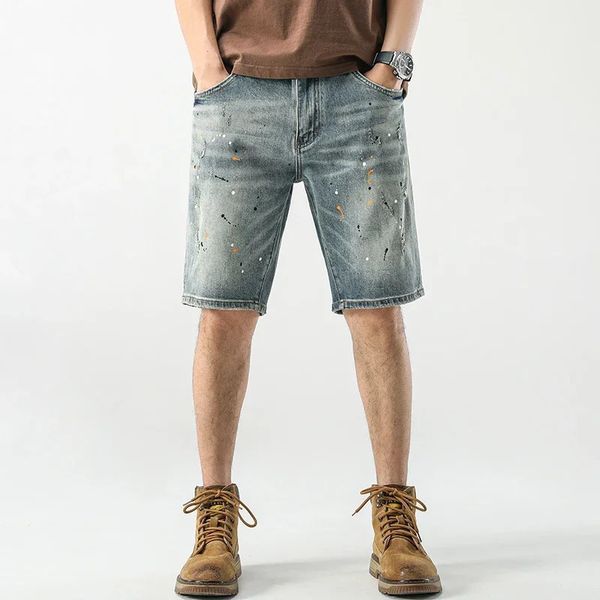 Sommer Kurzjeans Männer Hosen Gemälde gedruckt hellblau Stretch Denim Shorts Streetwear Punk Style Motocycle Boy 240430