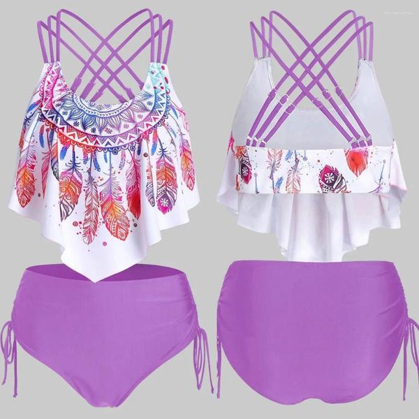 Bikini da bagno femminile con pantaloncini da donna stampa piuma stampato push-up imbottito sovrappositore di balza incrociata a manica corta a manica corta