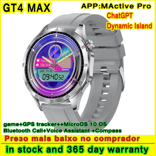 Orologi GT4 Max Smart Watch Dynamic Island Chatgpt Microos 10 OS GPS Compass Pressione sanguigna Oxygen Feel Game Bluetooth Call Smartwatch