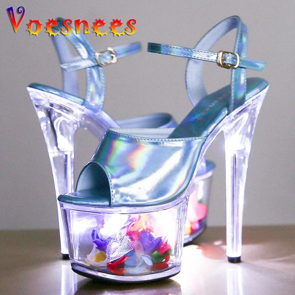 Damen Sandalen transparente leuchtende Kristallschuhe Plattform High Heels Bühnenshow 17 cm Open Toe Stripper 240506