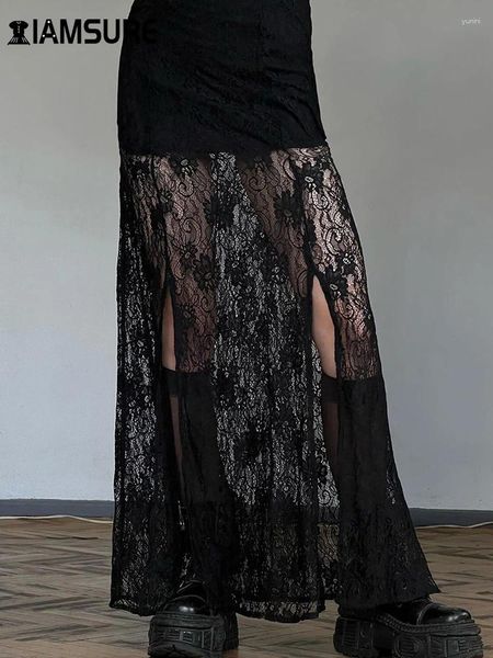 Gonne iamsure elegante sexy patchwork in pizzo split slim wee vedi attraverso maxi donne in vita alta 2024 Summer Fashion Streetwear