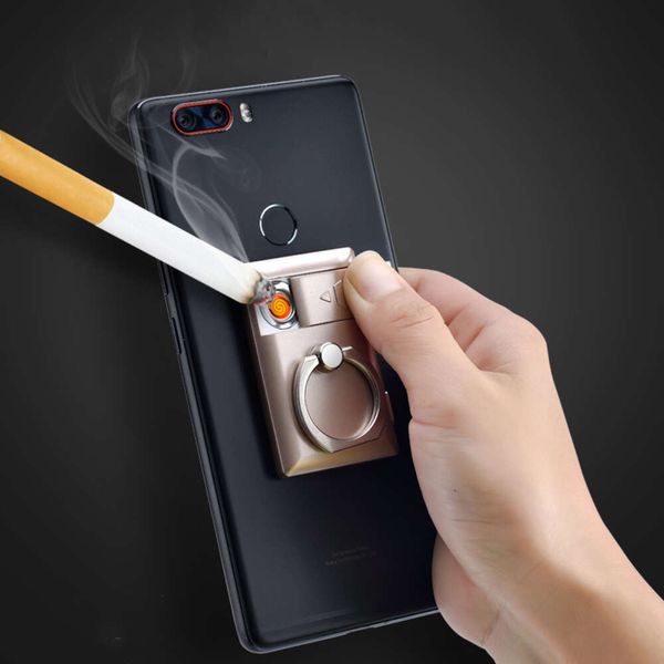 Quadratische Mobiltelefonringschnallen Bracket Zigarette Leichter kreativ windproof stille USB -Ladung leichter