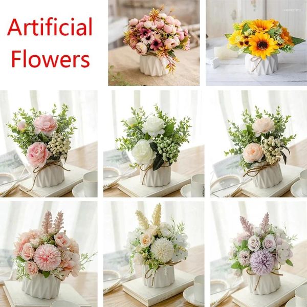 Flores decorativas Hydrangea Artificial Buquet Tea de seda Rosa Buds Vaso Decoração de Casamento Casamento Plantas Falsas Garland de Natal