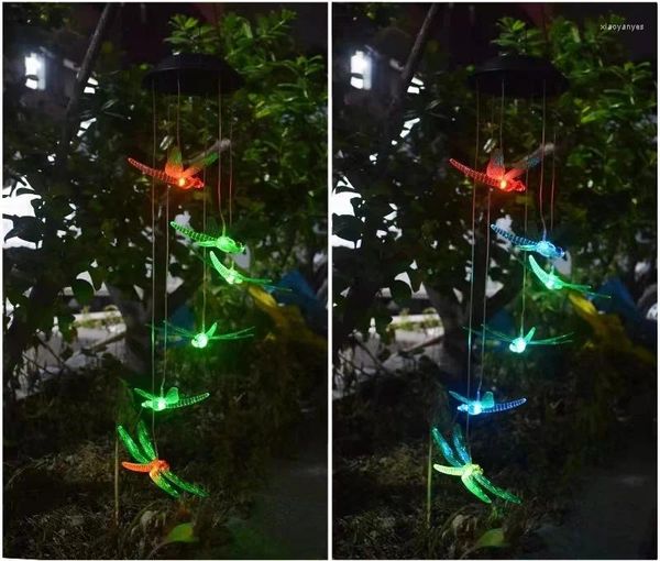 Estatuetas decorativas que mudam de cor de vento solar verde sino sino dragonfly lâmpada externa à prova d'água adequada para jardim do pátio
