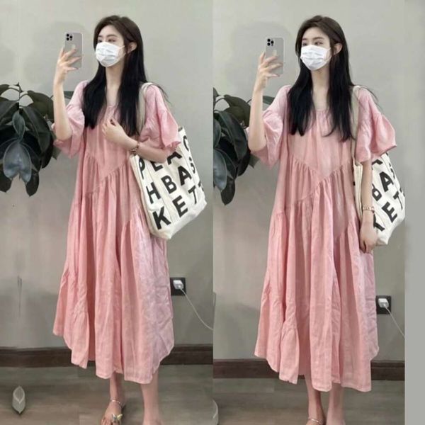 2024 verão nova moda coreana de mangas curtas linho de algodão solto vestido feminino grávida