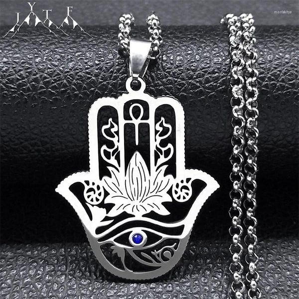 Collane a ciondolo Hamsa Hamsa Hand of Fatima Lotus Flower Eye Horus Collana Donne in acciaio inossidabile Colore argento ankh Chiave Life Jewelry