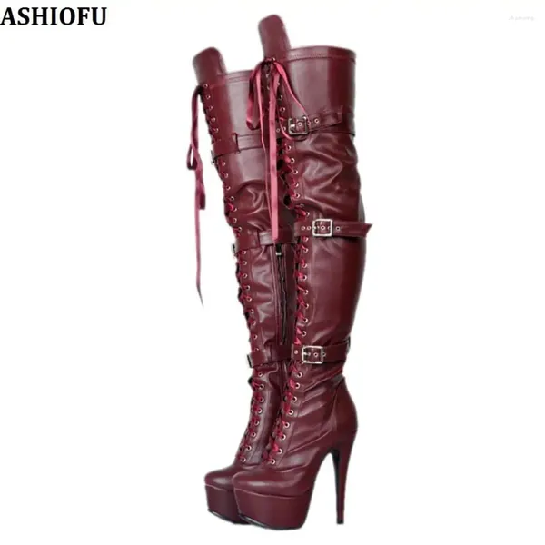 Stiefel Ashiofu handgefertigte Frauen High Heel Sexy Platform Party Abschlussball über Knie Real Pos Evening Club Mode lang