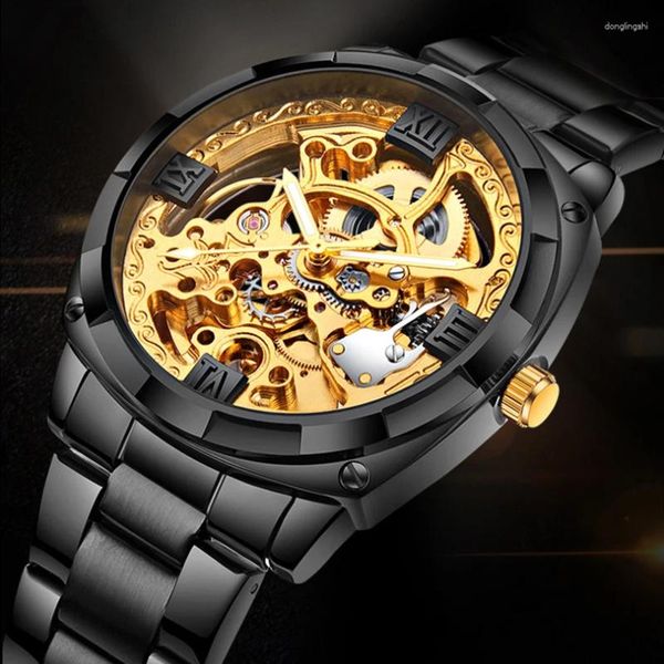 Armbanduhr luxuriöse automatische mechanische Uhr für Männer Edelstahl Skelett Reloj Männlich Black Gold Gear Uhr Mann Hombre Relogio