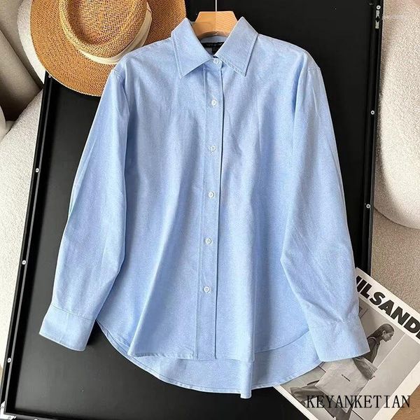 Frauenblusen Keyanketian 2024 Launch Women Blue Oxford Hemd Frühling Asymmetrisch Single Breauzed Long Sleeve Oversize Female Top