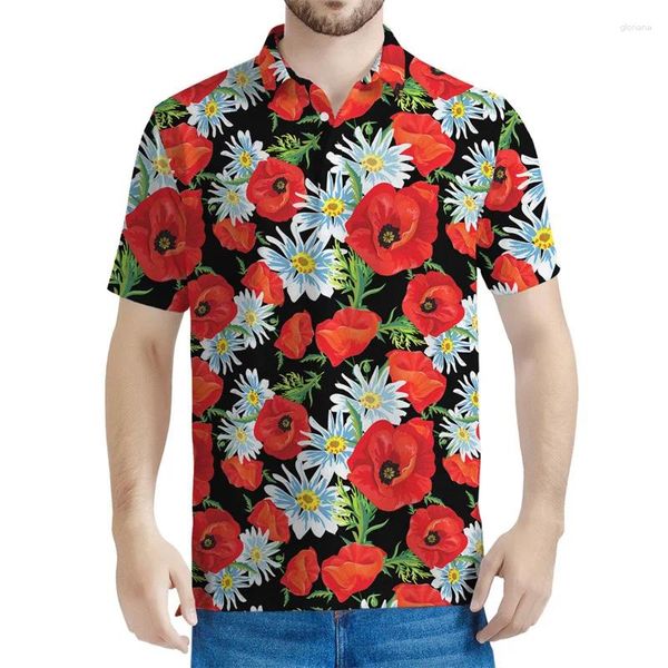 Polos masculinos Retro vermelho Flor Polo Graphic Polo Men Mulheres 3D T-shirt Floral Tops Summer Summer Loose Mangas curtas