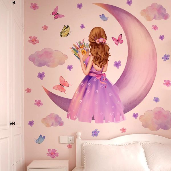 Adesivi Moon Girl che tiene fiori farfalle Adesivo muro adesivo rimovibile decorazioni per la casa in PVC per camera da letto soggiorno camera da letto