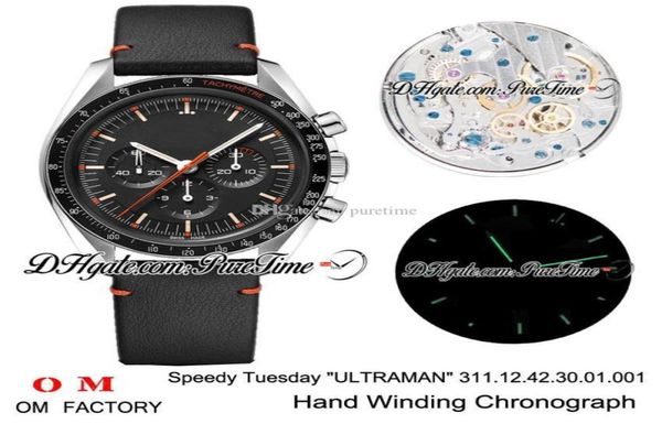 OMF Moonwatch Speedy Salı 2 Ultraman Manuel Sargı Kronograf Mens Siyah Dial Siyah Deri Kayış Edition Yeni Pure3418529