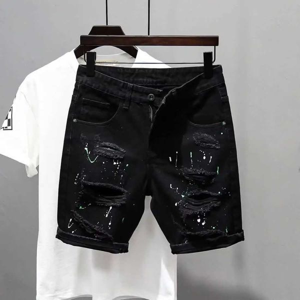 Jeans masculinos verão masculino casual shorts coreanos jeans retos de jeans rasgados tinta de barba de gato respingo liso preto cinco calntsl2405