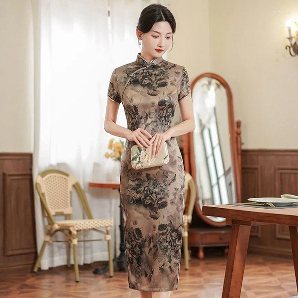 Abito etnico vestito in stile cinese vintage sexy stampato cheongsams donna seta satinata divisa lunga qipao