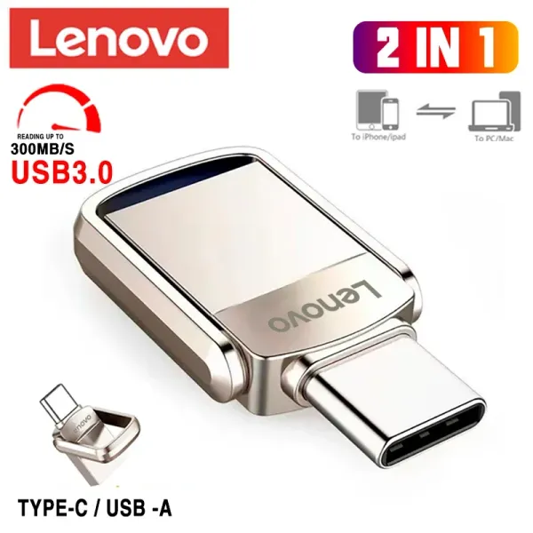 Adaptador Lenovo 2 em 1 Metal U disco USB 3.0 Telefone móvel Transmissão mútua portátil portátil Flash Drive 2TB 1 TB Departamento de armazenamento Novo