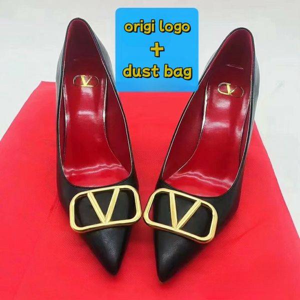 Designer Women Heels High Sapatos deslizam sandálias de luxo de metal de luxo em v-buckle preto fosco fosco genuíno salto fino 4cm 6cm 8cm 10cm de verão bombas com bolsa de poeira 34-44