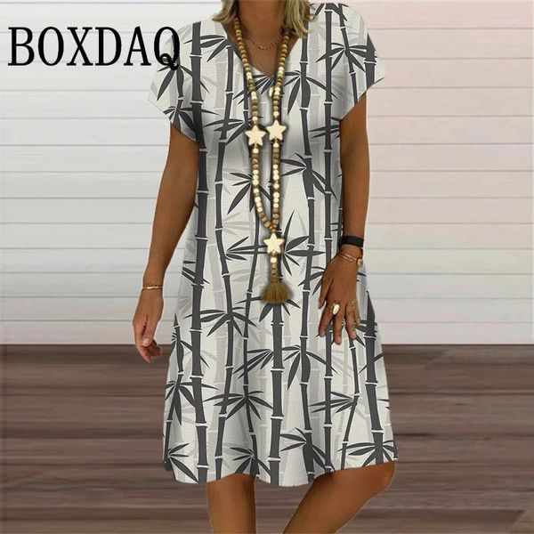 Lässige Kleider Bambusblattdruck für Frauen Sommer Retro Kurzarm Midi Kleider V-Ausschnitt weibliche Kleidung plus Größe 6xl 2024