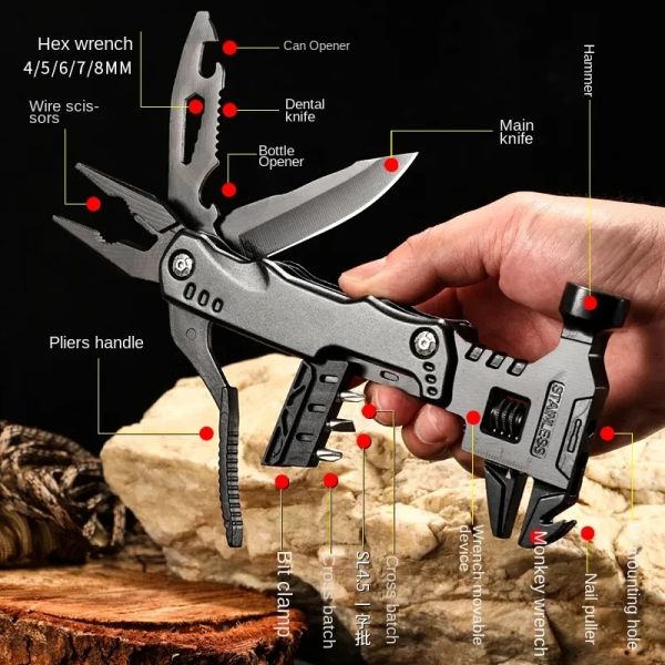 Hammer Splitman Mini Multi Tool Hammer Multitool dobring Kinfe Plier Spanner ajustável Camping Outdoor EDC Hand Tools Chave