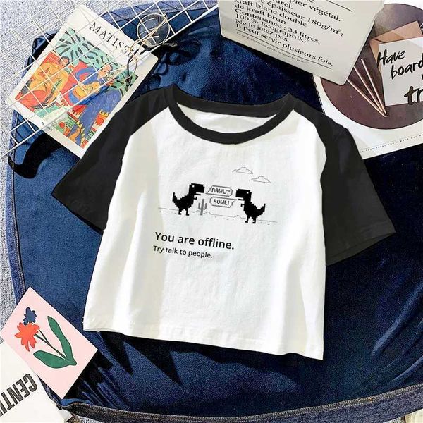 T-shirt femminile Nuova Fashion Harajuku T-shirt a maniche corte Slip Womens Fit Top Body Thirt Kawaii Cartoon Dinosauro T-shirtl2405